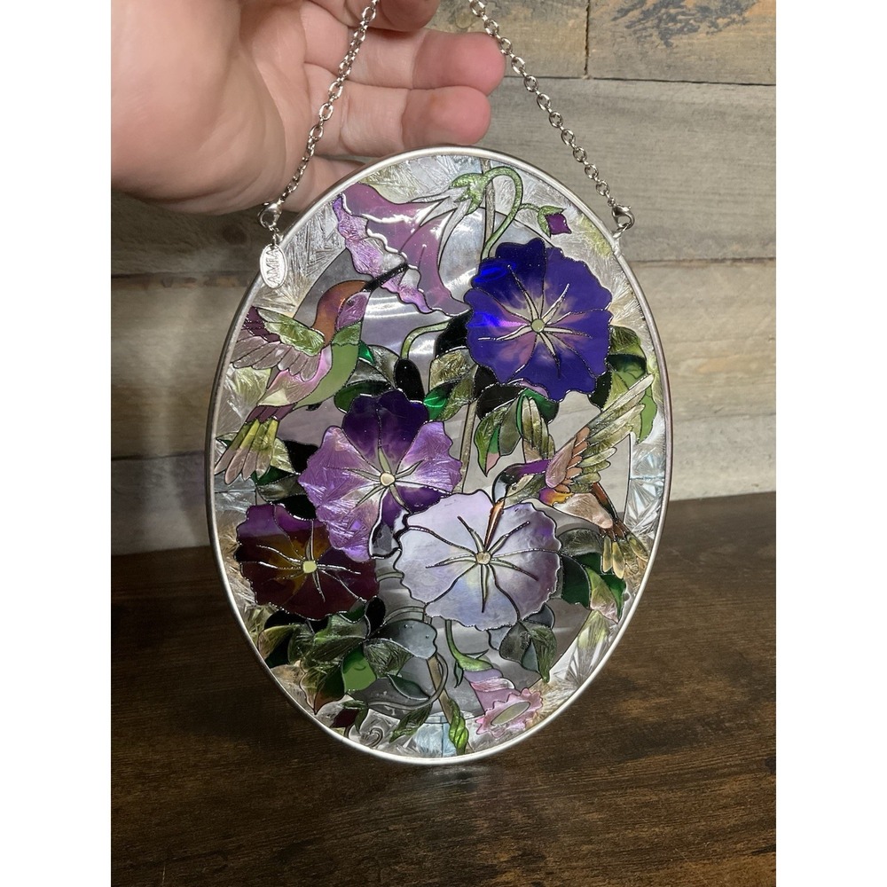 Vintage Hummingbird Suncatcher, Hand Painted, Stained Glass Oval